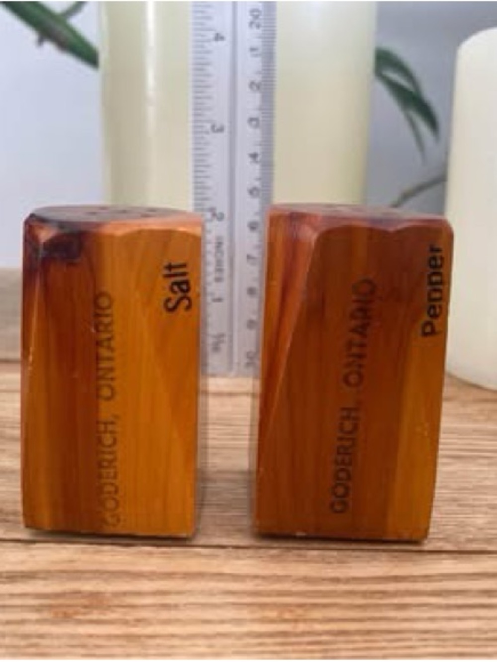 Vintage Cedar Wood Salt Pepper Shakers Goderich Ontario Souvenir Geometric 2.5"